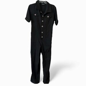 Kittenish Black Short Sleeve Utility Jumpsuit Button Front